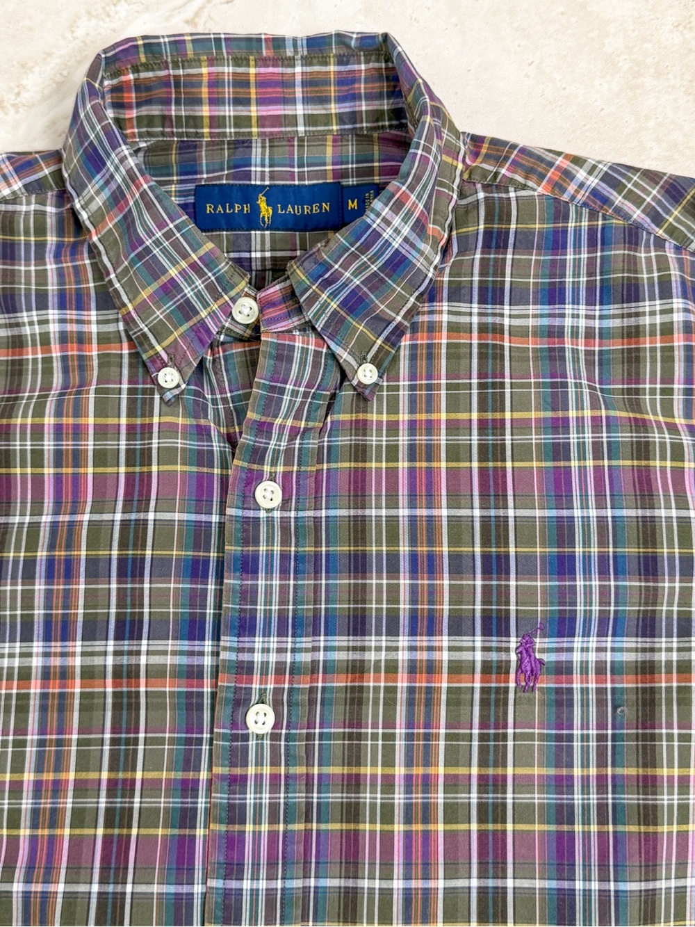 Ralph Lauren Men's Green Plaid Button-Down Shirt Medium Long Sleeve Pony Logo - Picture 3 of 4
